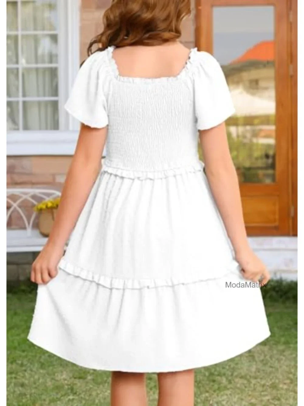 Girls Boho Swiss Dot Smocked Square Neck Ruffle Tiered Midi Dress with Pockets